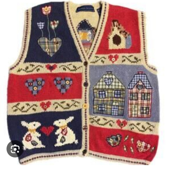 vtg Karen Scott sweater vest rabbits hearts kitschy cottage boho Birdhouse Med - Picture 6 of 7